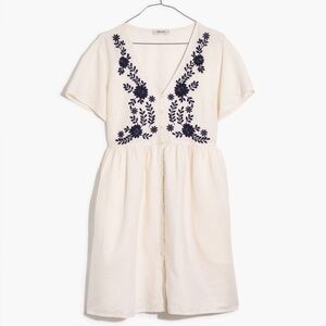 Madewell Embroidered Linen- Blend Alexandra Button- Front Mini Dress XS